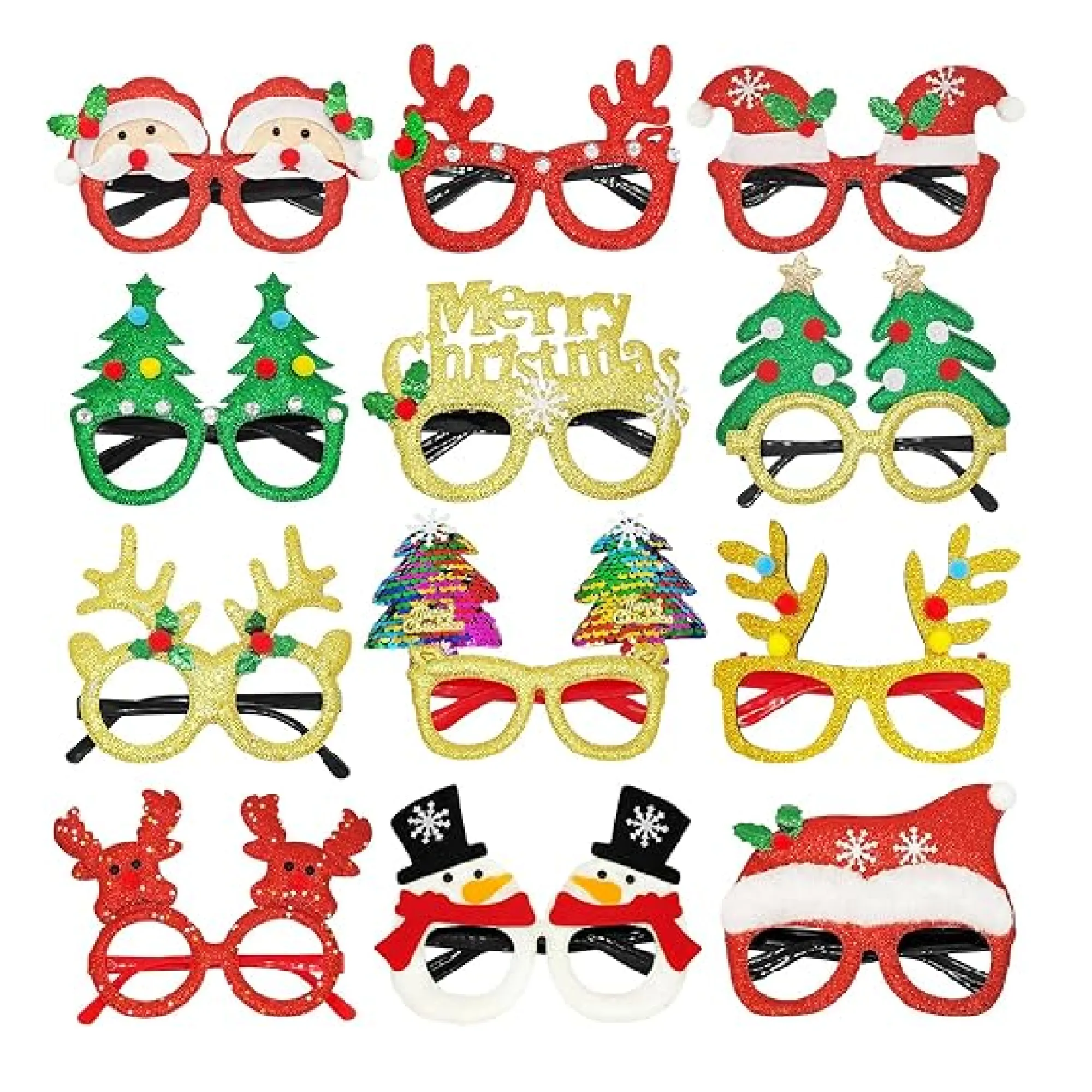 Dayify Christmas Party Glasses, 12Pcs Christmas Glitter Eyeglasses Frames Party Favors for Kids Adults, Christmas Glasses for Xmas Holiday Decorations