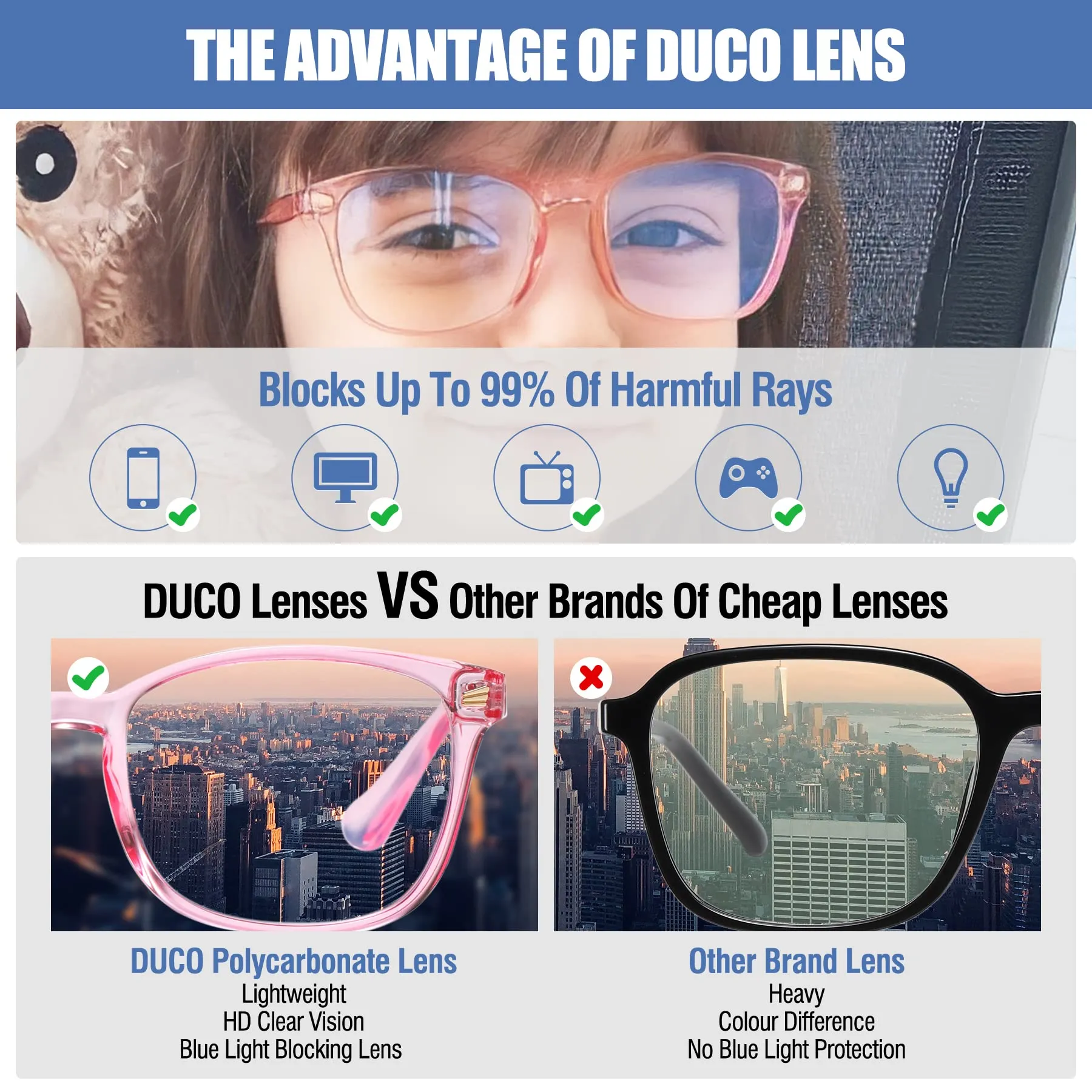 DUCO Kids Blue Light Glasses Girls Boys Computer Gaming Eyeglasses K028