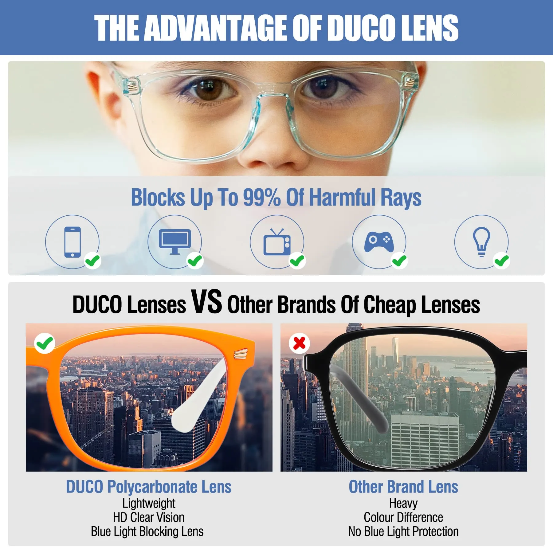 DUCO Kids Blue Light Glasses Girls Boys Computer Gaming Eyeglasses K028