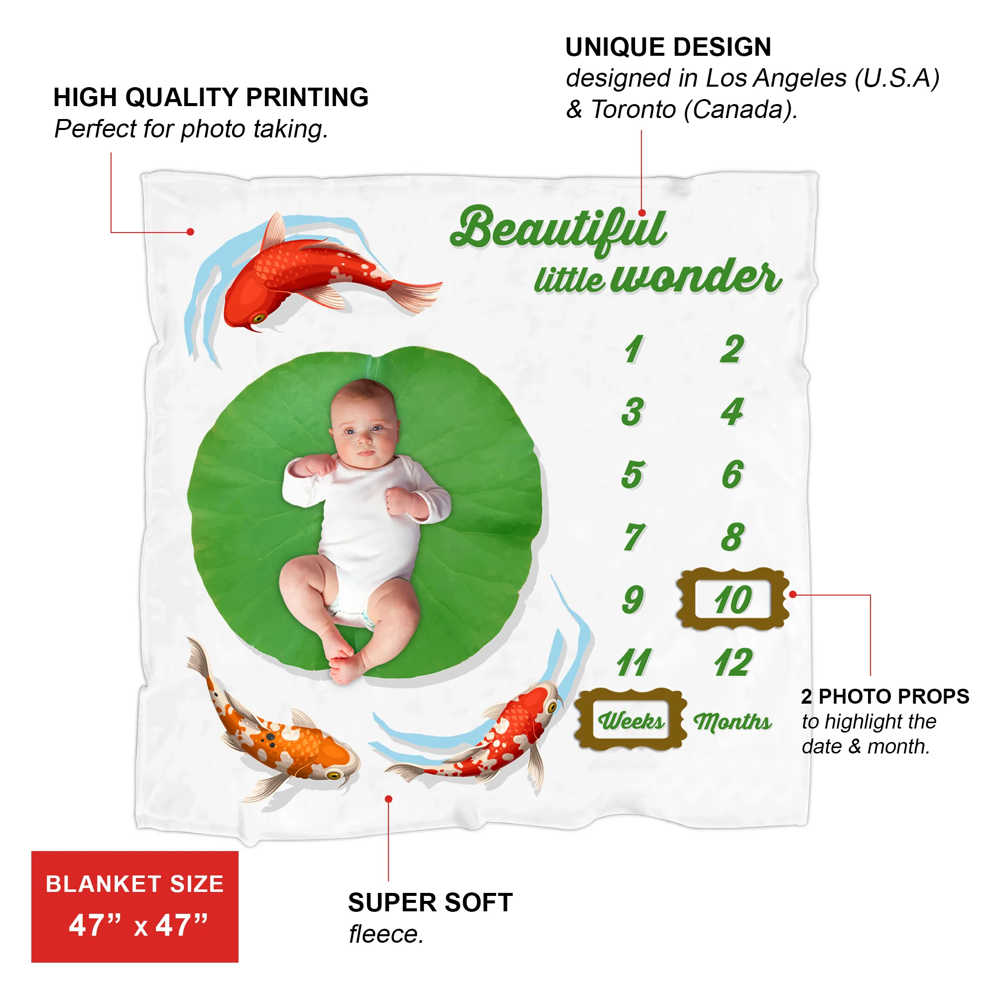 Endanzoo Baby Monthly Milestone Blanket - Flannel Fleece (Koi Fishes)