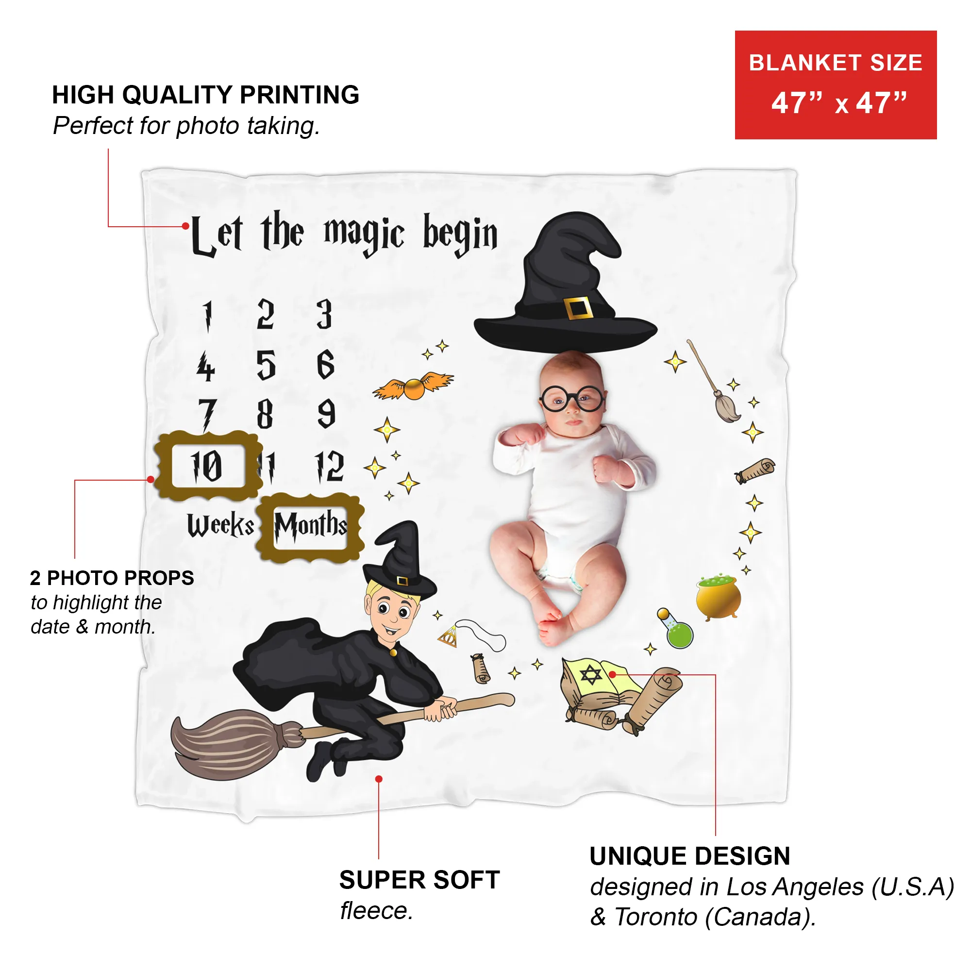 Endanzoo Baby Monthly Milestone Fleece Blanket - Flying Wizard