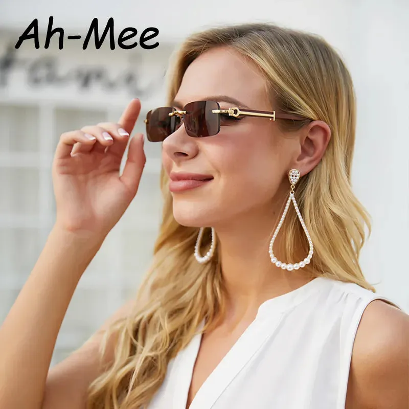 Fashion Cycling Rectangle Rimless Sunglasses Women Square Vintage Eyeglasses Retro Wooden Frame Gradient Sun Glasses UV400