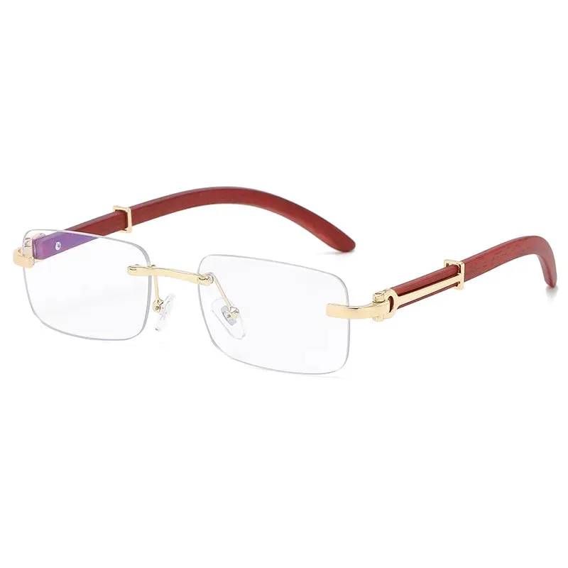 Fashion Cycling Rectangle Rimless Sunglasses Women Square Vintage Eyeglasses Retro Wooden Frame Gradient Sun Glasses UV400