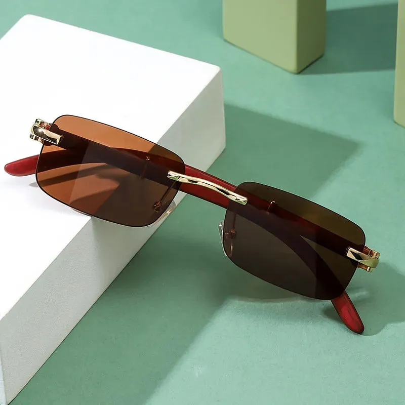 Fashion Cycling Rectangle Rimless Sunglasses Women Square Vintage Eyeglasses Retro Wooden Frame Gradient Sun Glasses UV400