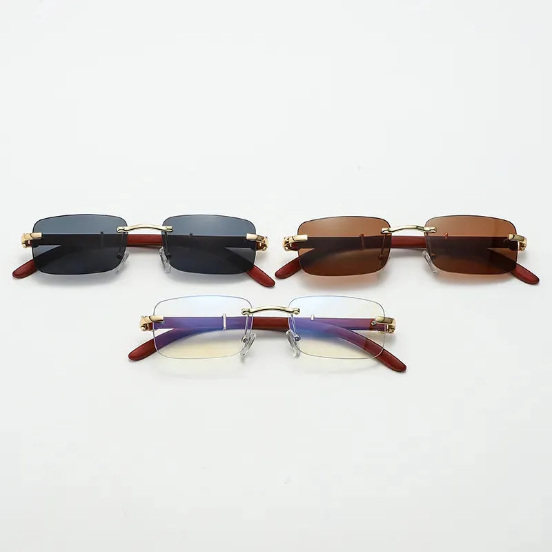 Fashion Cycling Rectangle Rimless Sunglasses Women Square Vintage Eyeglasses Retro Wooden Frame Gradient Sun Glasses UV400