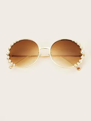 Faux Pearl Decor Round Sunglasses