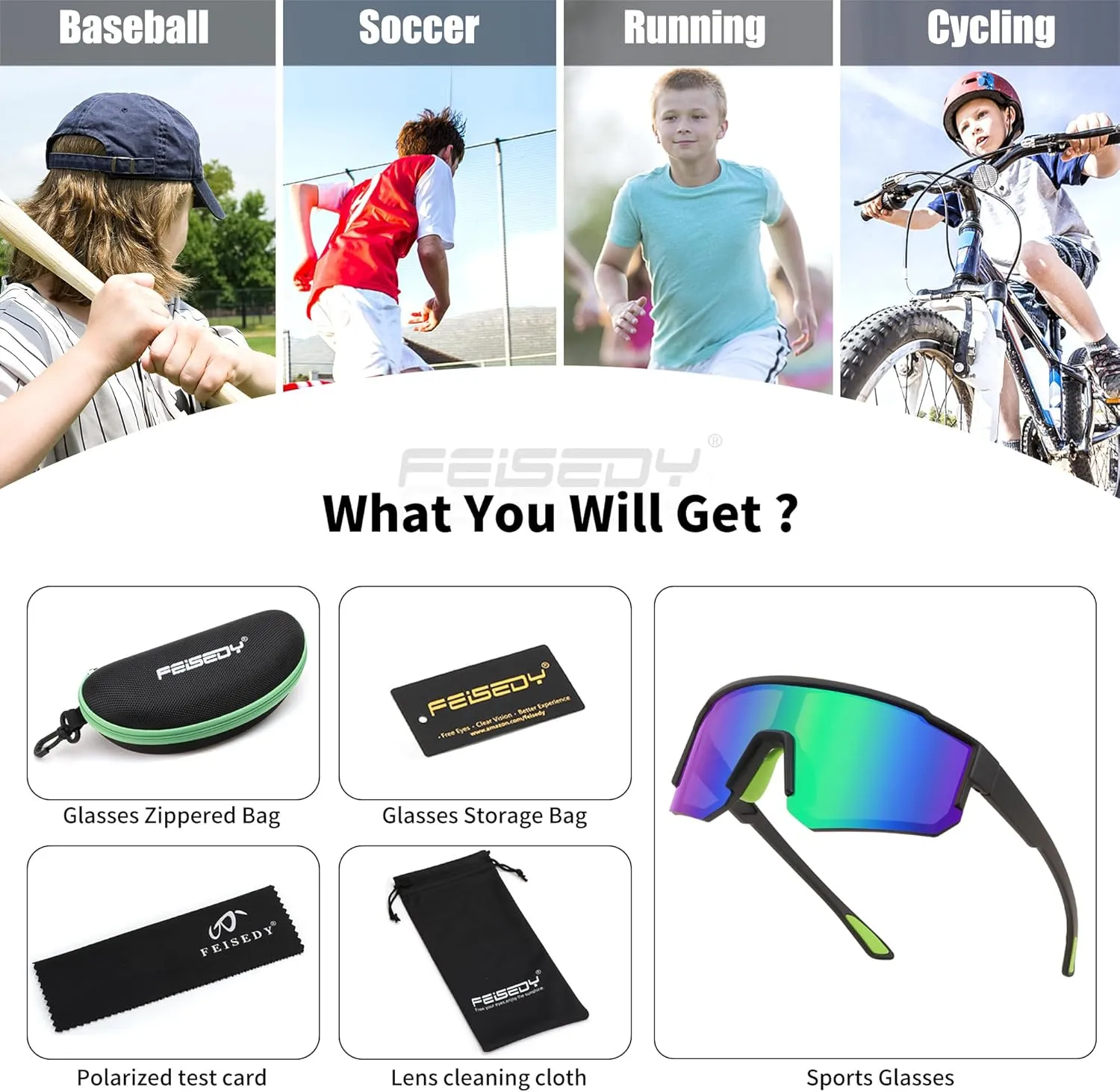 FEISEDY Kids Sunglasses Youth Baseball Polarized Sunglasses Sports Lightweight TR90 Frame Boys Girls Cycling B0213