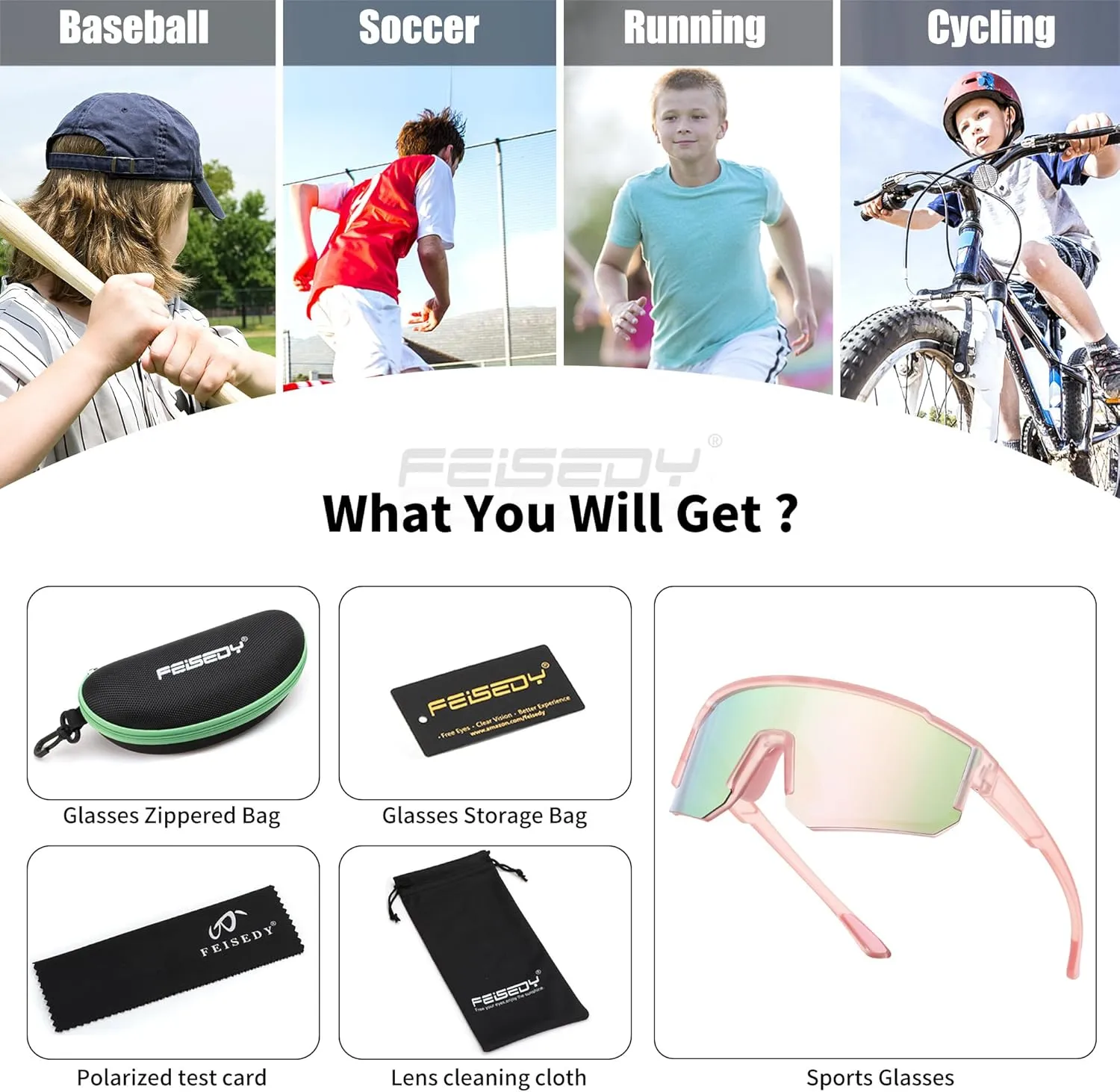 FEISEDY Kids Sunglasses Youth Baseball Polarized Sunglasses Sports Lightweight TR90 Frame Boys Girls Cycling B0213