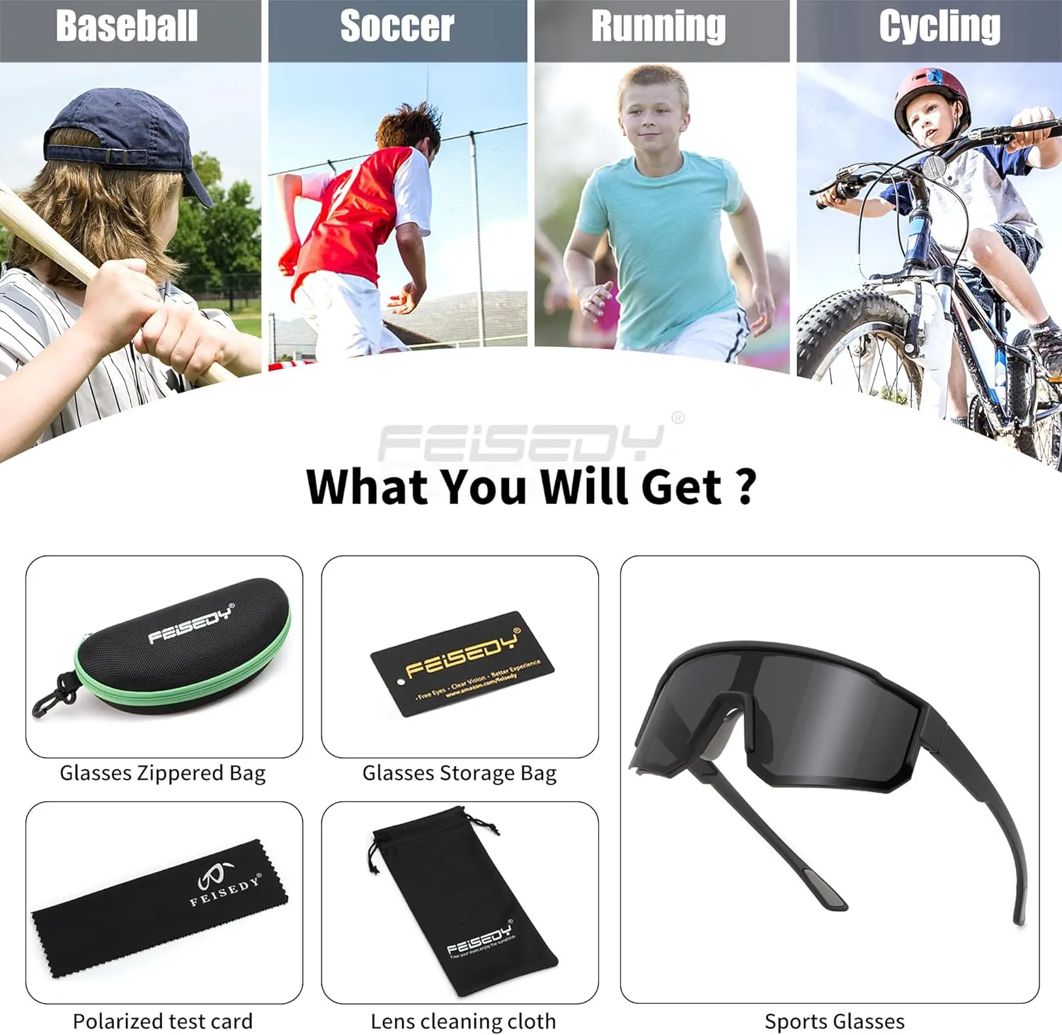 FEISEDY Kids Sunglasses Youth Baseball Polarized Sunglasses Sports Lightweight TR90 Frame Boys Girls Cycling B0213