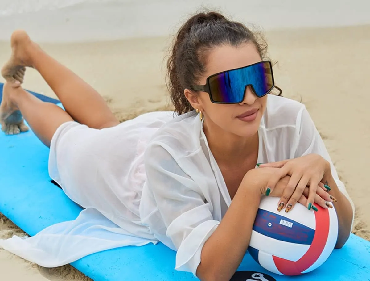FEISEDY Large Shield Sports Sunglasses Oversized One Piece 80s Rave Glasses Beach Volleyball Cycling B4055
