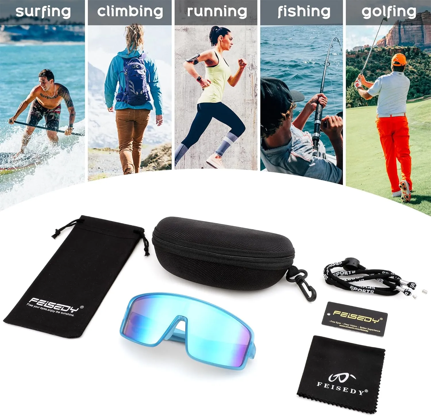 FEISEDY Sports Sunglasses, Polarized Oversized Shield for Women Men Youth, Baseball Cycling Running Outdoor Visor B2988