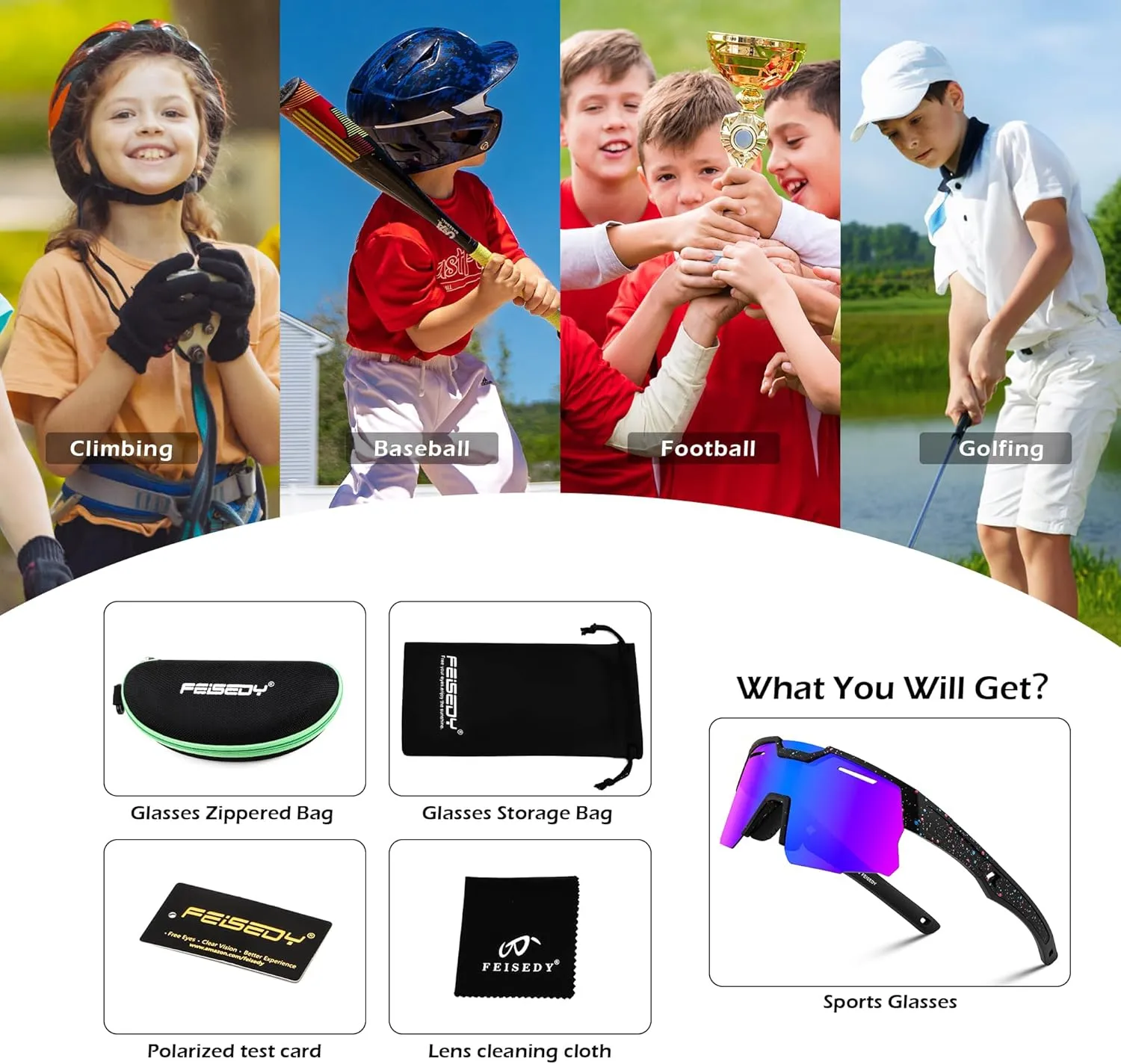 FEISEDY Teens Baseball Sunglasses Sports Cycling Glasses for Youth Polarized UV400 Boys Girls Age 8-14 B0093