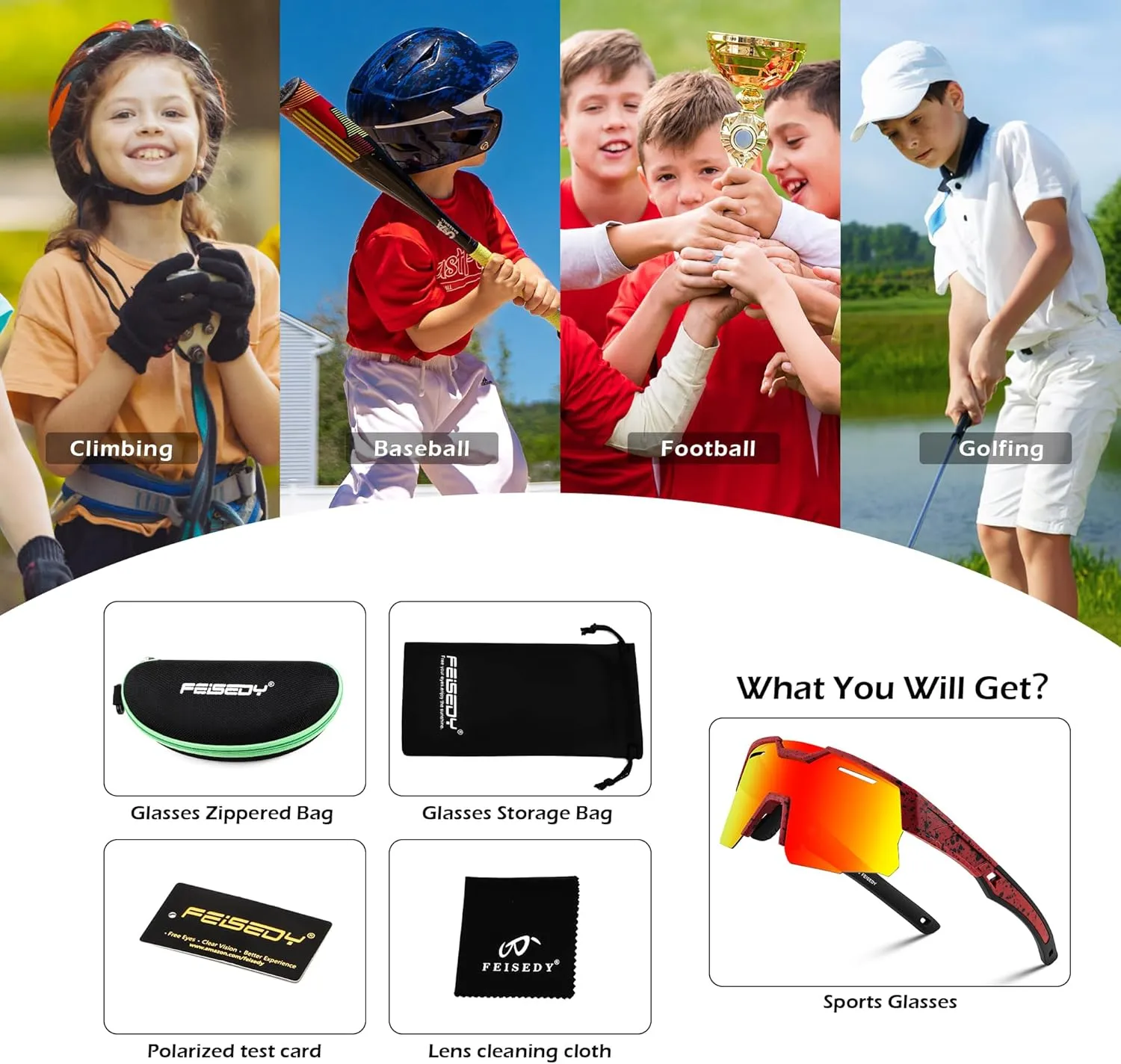 FEISEDY Teens Baseball Sunglasses Sports Cycling Glasses for Youth Polarized UV400 Boys Girls Age 8-14 B0093