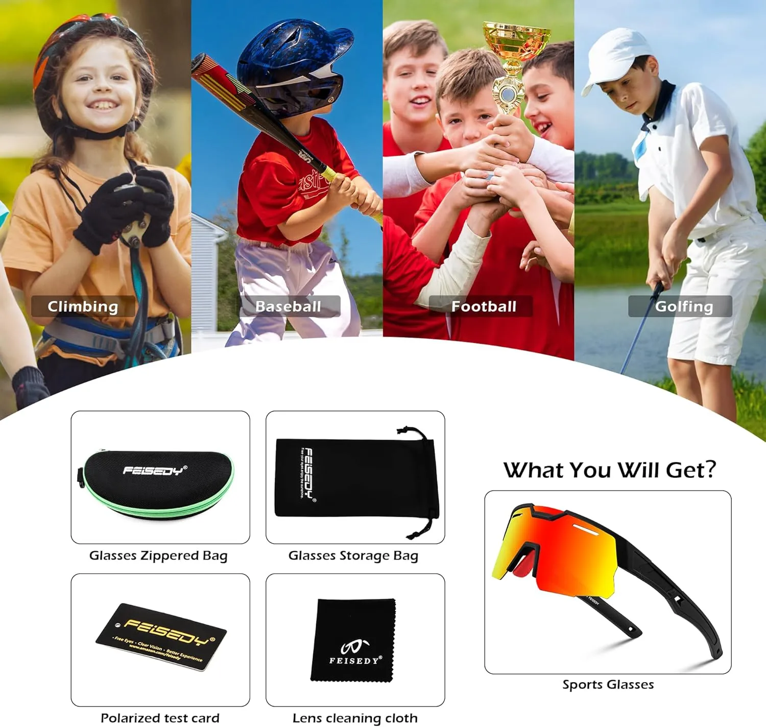 FEISEDY Teens Baseball Sunglasses Sports Cycling Glasses for Youth Polarized UV400 Boys Girls Age 8-14 B0093