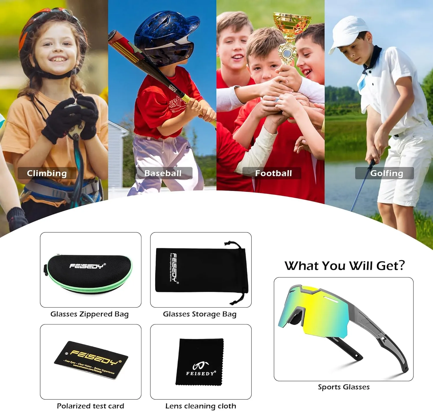 FEISEDY Teens Baseball Sunglasses Sports Cycling Glasses for Youth Polarized UV400 Boys Girls Age 8-14 B0093