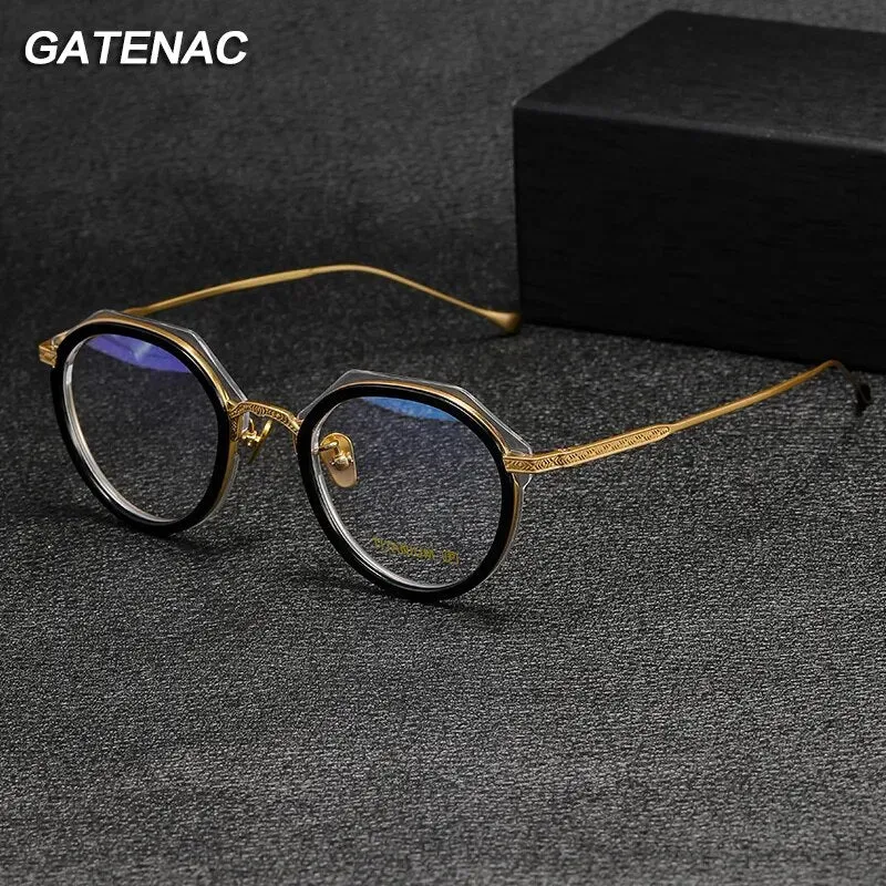 Gatenac Unisex Full Rim Flat Top Round Titanium Acetate Eyeglasses Gxyj1140