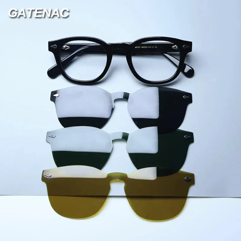 Gatenac Unisex Full Rim Round Acetate Eyeglasses Polarized Clip On Sunglasses 1145