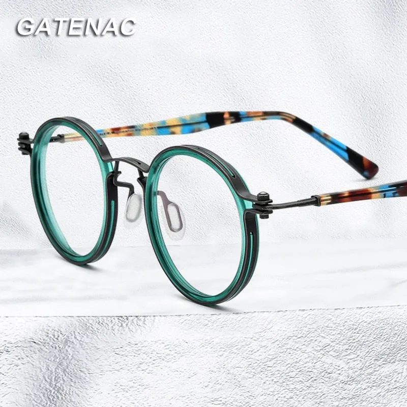 Gatenac Unisex Full Rim Round β Titanium Acetate Frame Eyeglasses Gxyj737