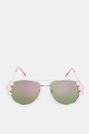 Girls Gold Aviator Embellished Sunglasses