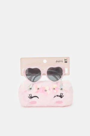 Girls Heart Shaped Sunglasses With Character Embellished Case