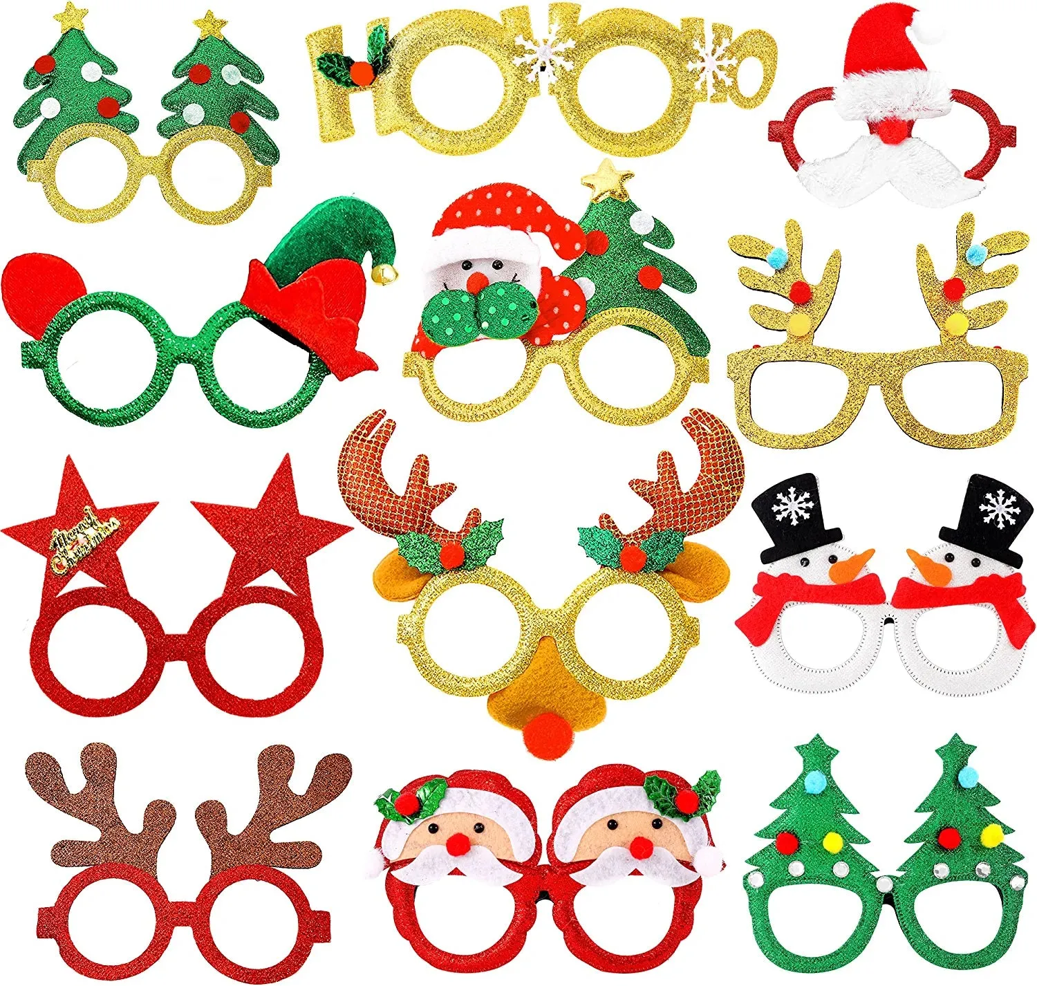 Glitter, Plastic Christmas Eyeglasses - Pack of 12, Christmas Glasses for Kids, Adults | Christmas Photo Booth Props | Christmas Party Accessories, Christmas Party Decorations | Christmas Party Props