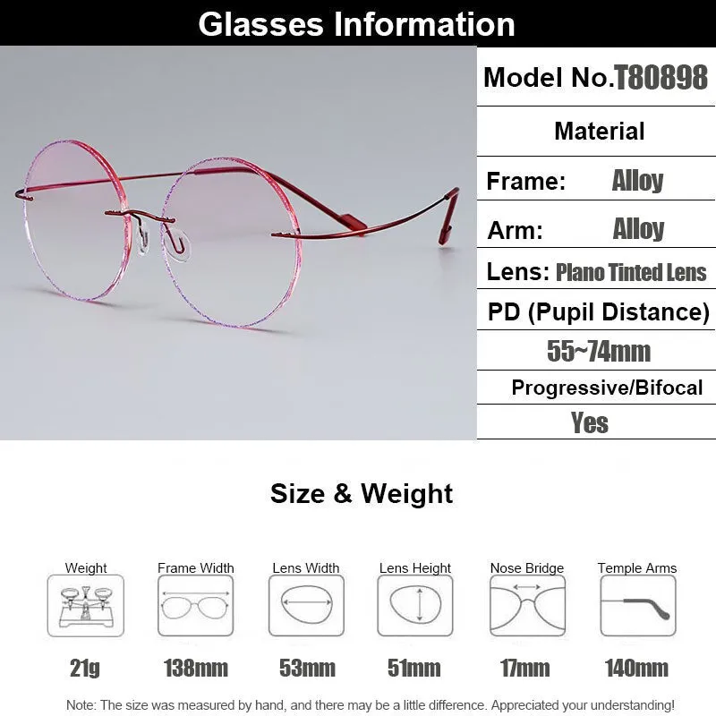 Gmei Women's Eyeglasses Red Titanium Alloy Rimless Gradient Pink Tint T80898