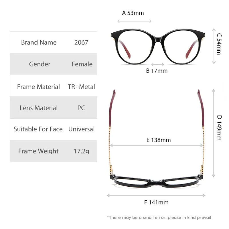 Gmei Women's Full Rim TR 90 Metal Round Frame Eyeglasses 2067