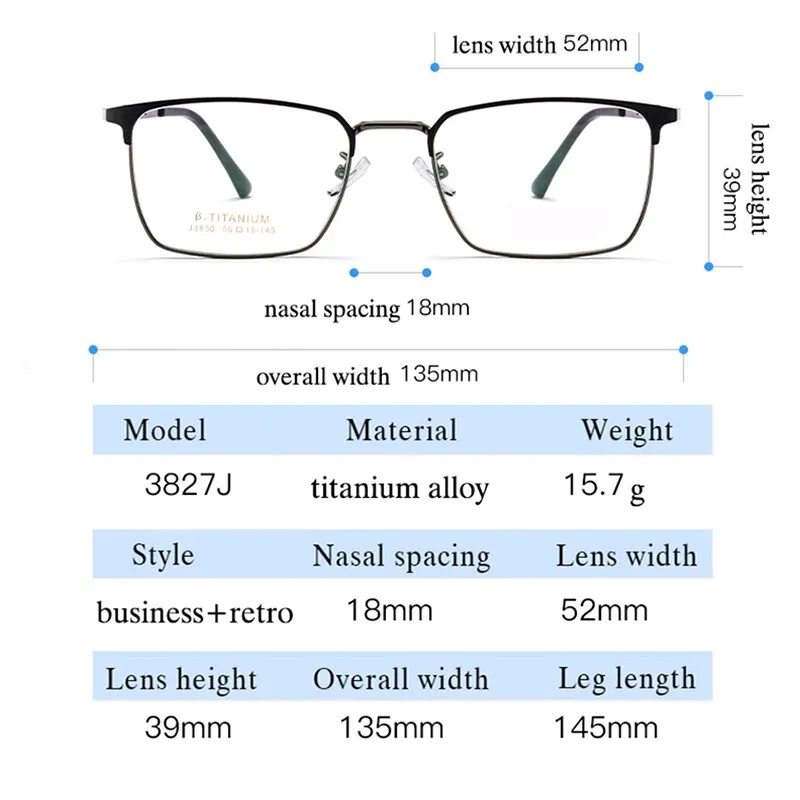 Handoer Men's Full Rim Square Titanium Alloy Eyeglasses 3827j