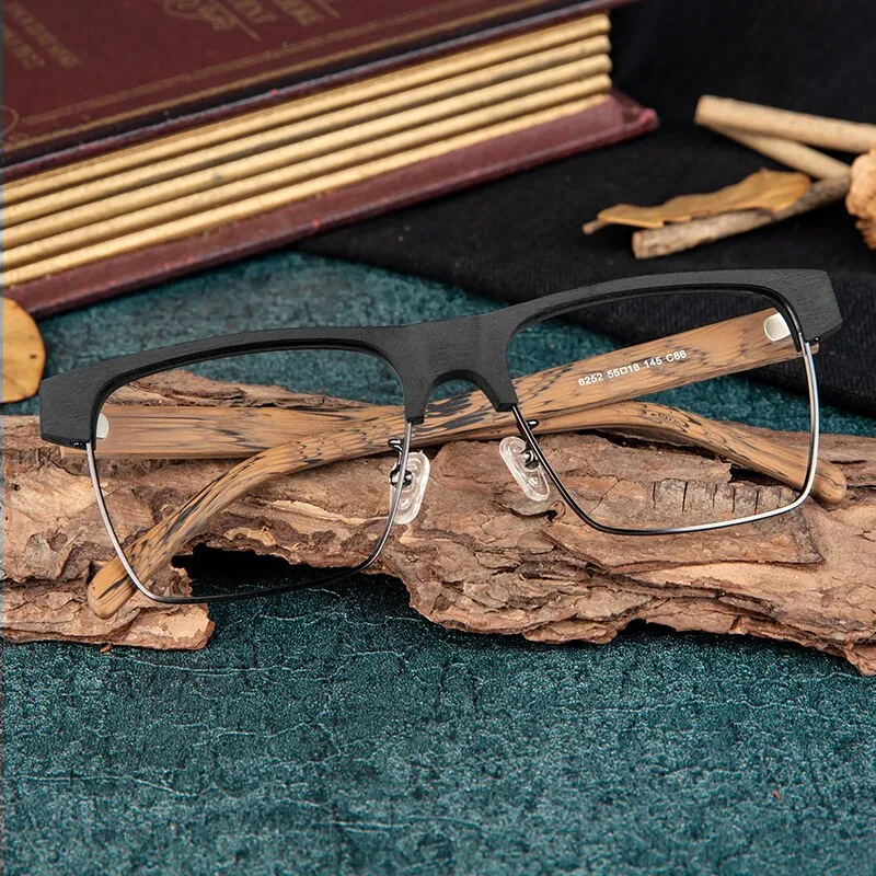 Hdcrafter Men's Full Rim Large Square Wood Eyeglasses 6252