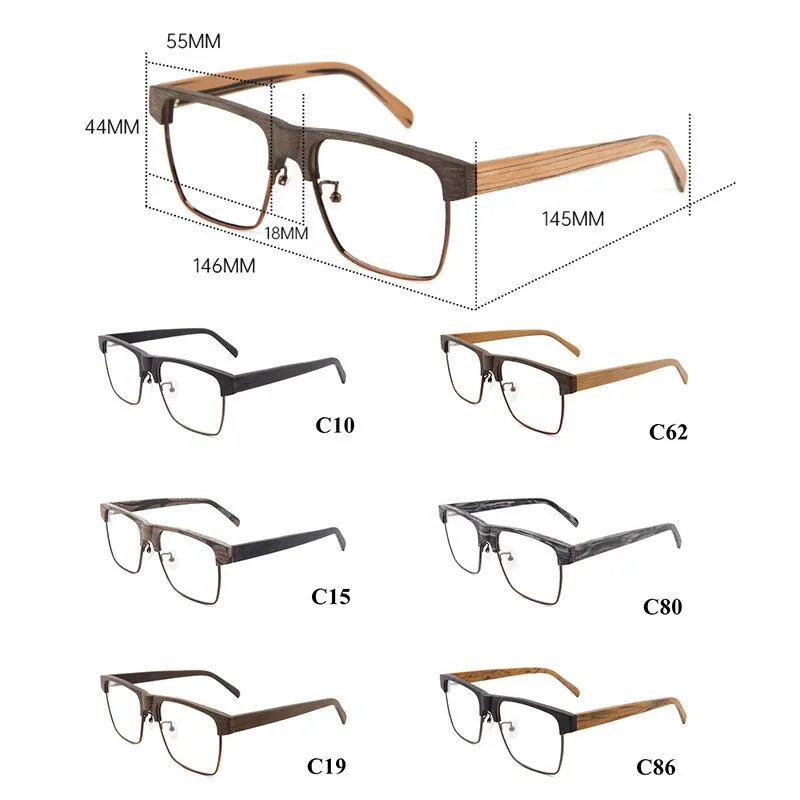 Hdcrafter Men's Full Rim Large Square Wood Eyeglasses 6252