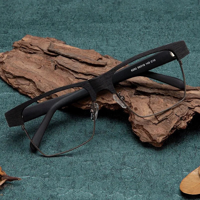Hdcrafter Men's Full Rim Large Square Wood Eyeglasses 6252