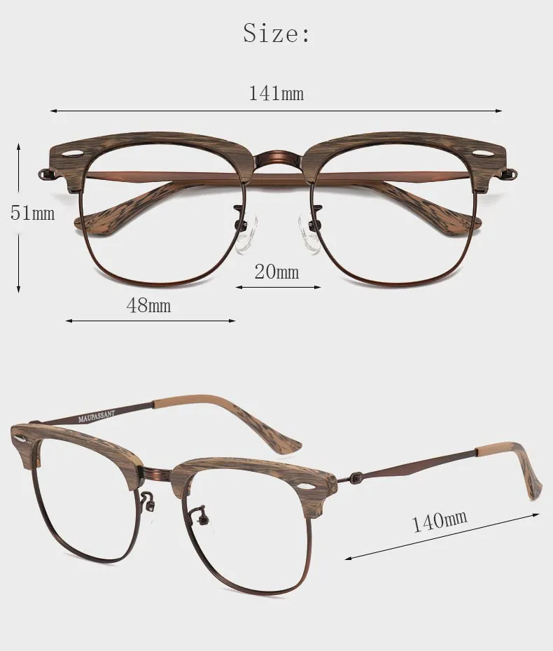 Hdcrafter Men's Full Rim Round Wood Alloy Frame Eyeglasses 8057