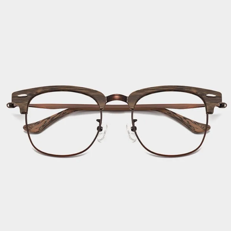 Hdcrafter Men's Full Rim Round Wood Alloy Frame Eyeglasses 8057