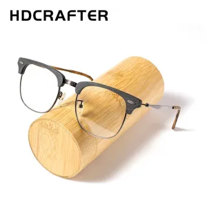 Hdcrafter Men's Full Rim Round Wood Alloy Frame Eyeglasses 8057