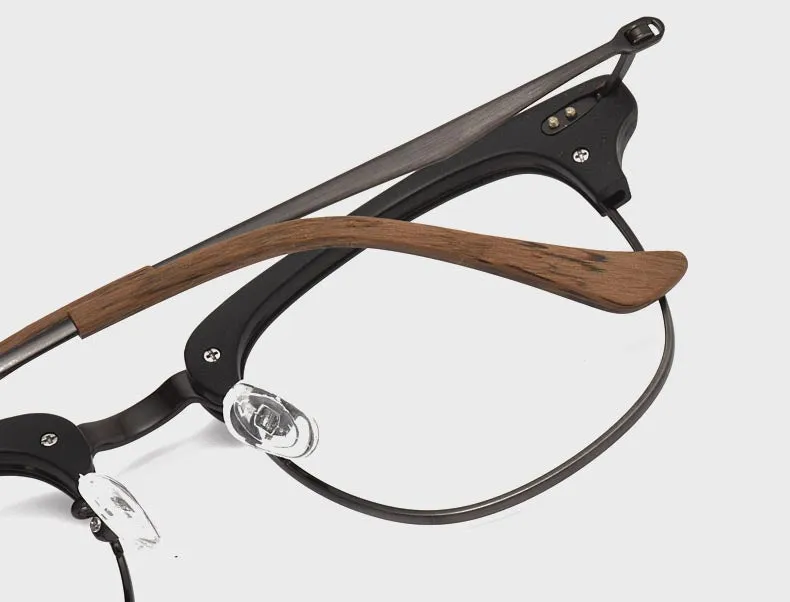 Hdcrafter Men's Full Rim Round Wood Alloy Frame Eyeglasses 8057