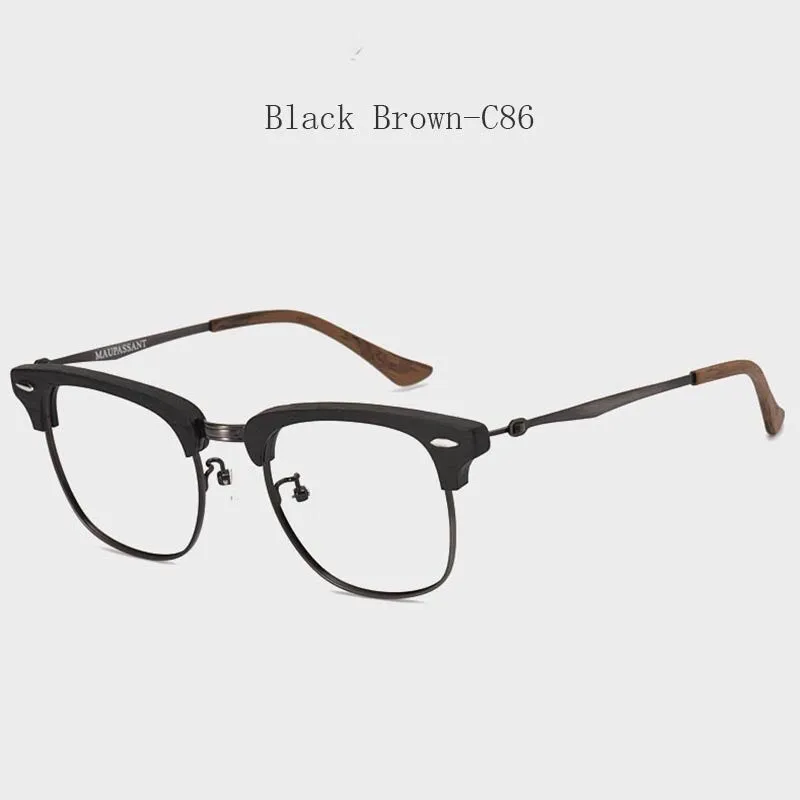 Hdcrafter Men's Full Rim Round Wood Alloy Frame Eyeglasses 8057