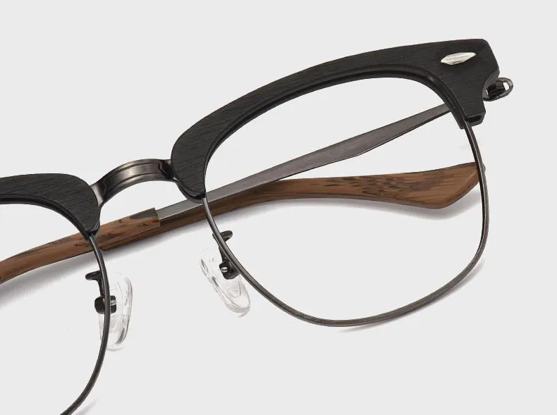 Hdcrafter Men's Full Rim Round Wood Alloy Frame Eyeglasses 8057