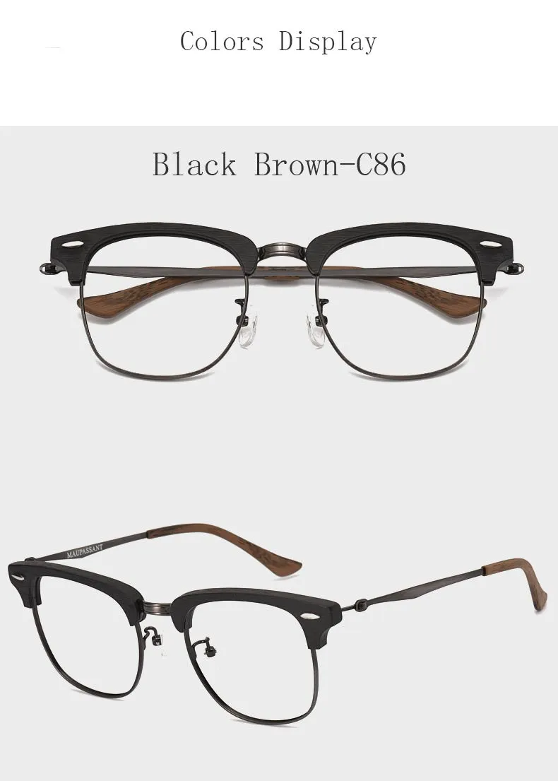 Hdcrafter Men's Full Rim Round Wood Alloy Frame Eyeglasses 8057