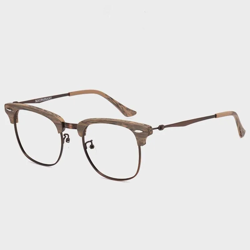 Hdcrafter Men's Full Rim Round Wood Alloy Frame Eyeglasses 8057