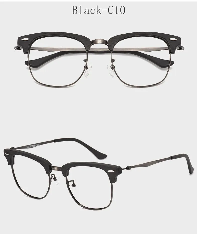 Hdcrafter Men's Full Rim Round Wood Alloy Frame Eyeglasses 8057