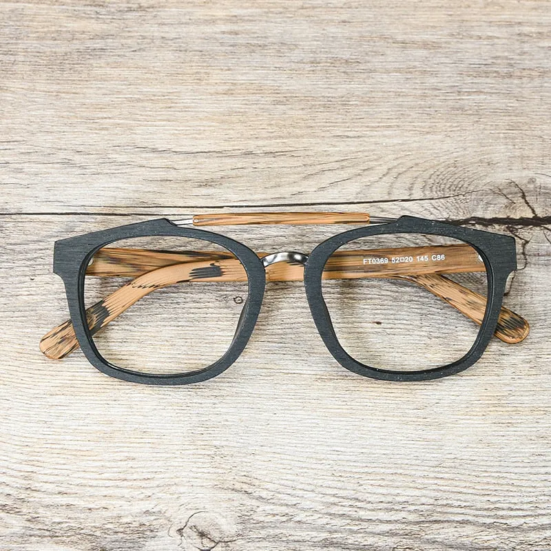 Hdcrafter Men's Full Rim Square Double Bridge Wood Alloy Eyeglasses Ft0369