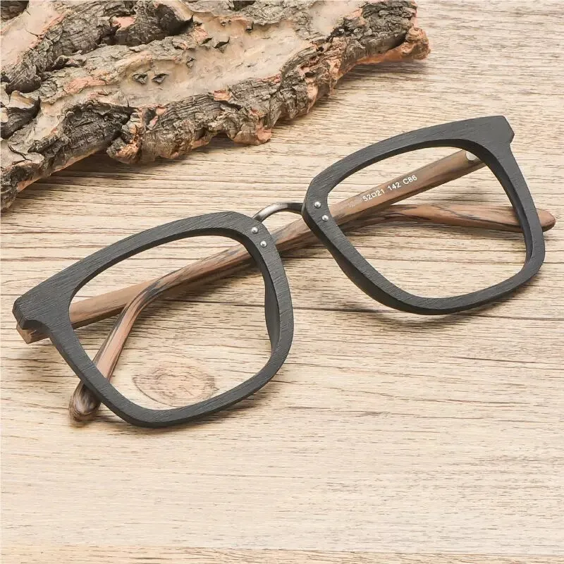 Hdcrafter Men's Full Rim Square Wood Alloy Eyeglasses Ps7055