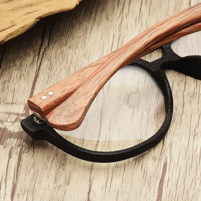Hdcrafter Unisex Full Rim Double Bridge Round Wood Frame Eyeglasses 7428d