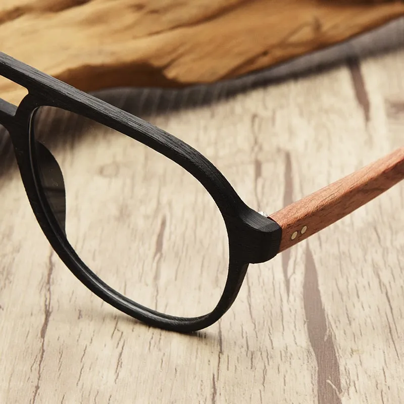 Hdcrafter Unisex Full Rim Double Bridge Round Wood Frame Eyeglasses 7428d