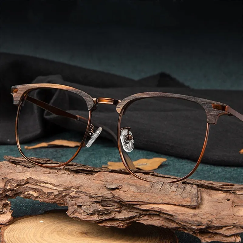 Hdcrafter Unisex Full Rim Oversized Round Square Wood Alloy Eyeglasses 3543