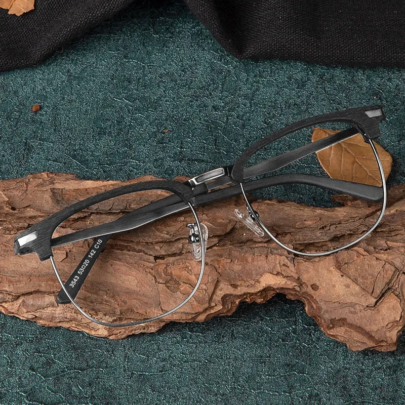 Hdcrafter Unisex Full Rim Oversized Round Square Wood Alloy Eyeglasses 3543