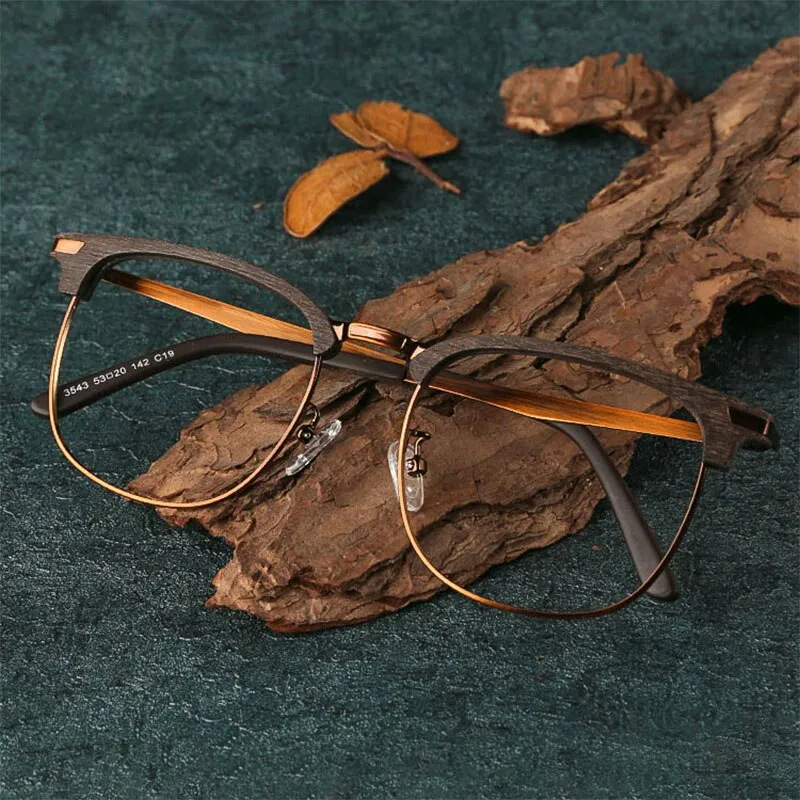 Hdcrafter Unisex Full Rim Oversized Round Square Wood Alloy Eyeglasses 3543