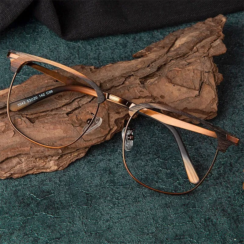 Hdcrafter Unisex Full Rim Oversized Round Square Wood Alloy Eyeglasses 3543