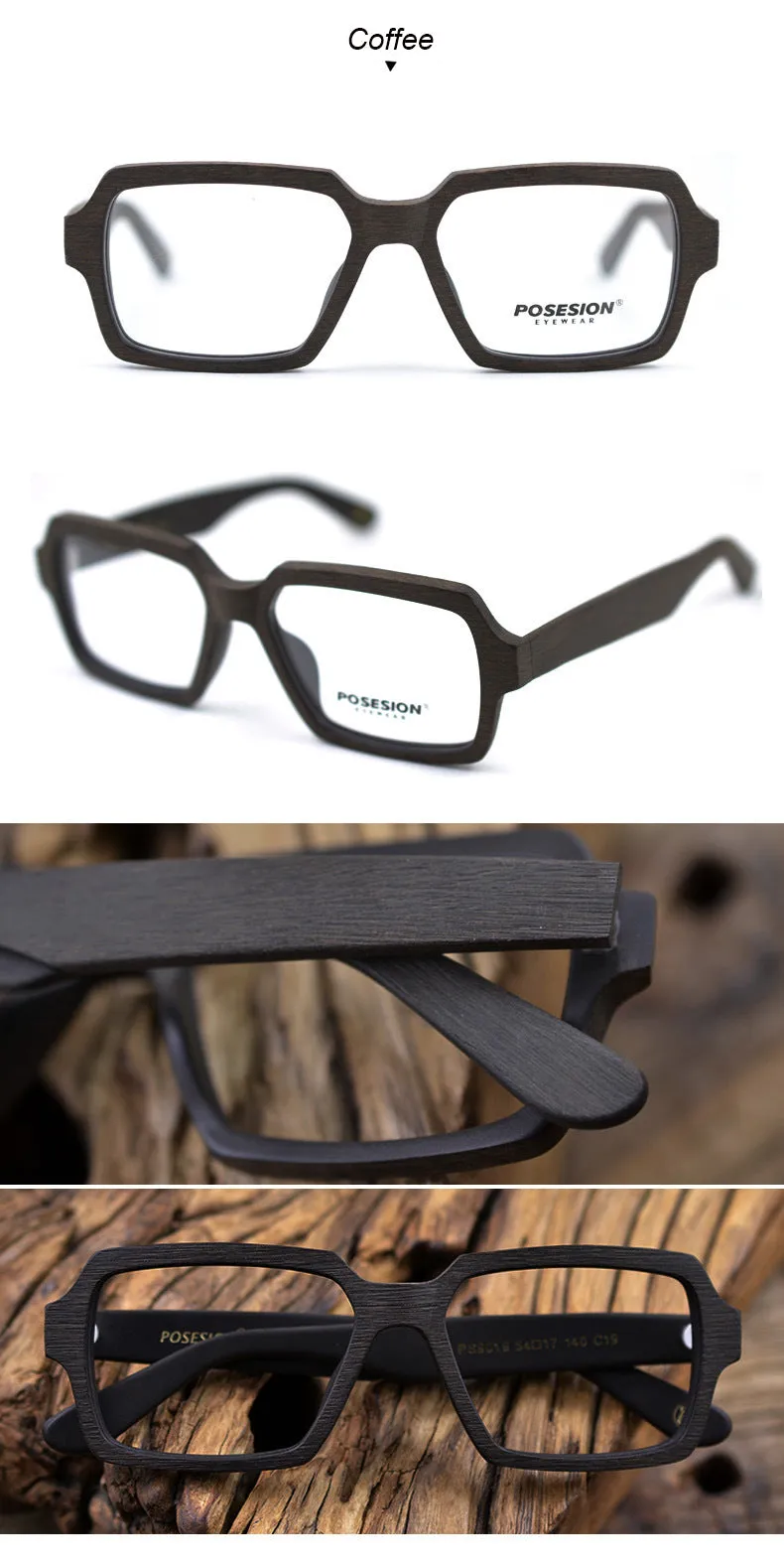 Hdcrafter Unisex Full Rim Oversized Square Wood Frame Eyeglasses Ps9019