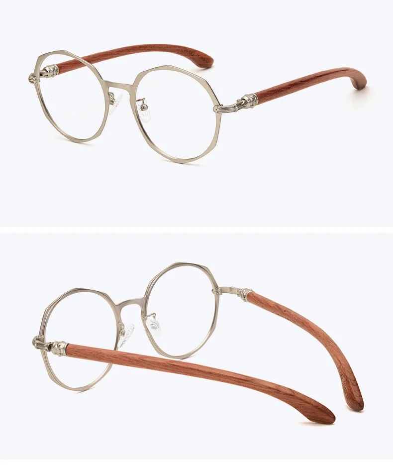 Hdcrafter Unisex Full Rim Round Acetate Alloy Frame Wood Temple Eyeglasses 7578d